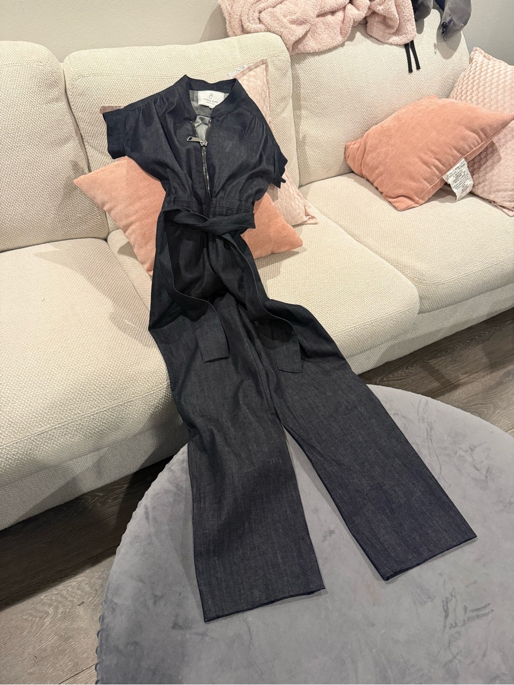 Dark Denim Wide-Leg Jumpsuit with Tie Waist